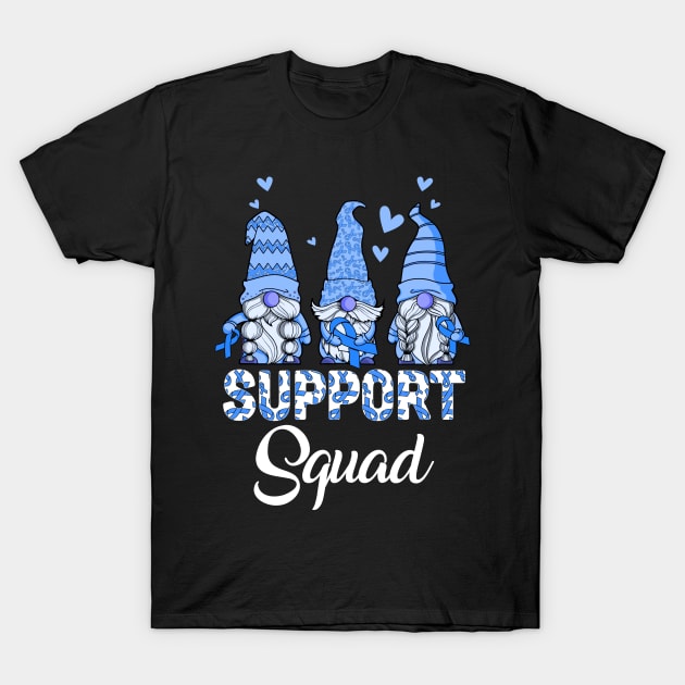 Gnomies Support Squad Blue Ribbon Colon Cancer Awareness T-Shirt by Bruce D Hubbard